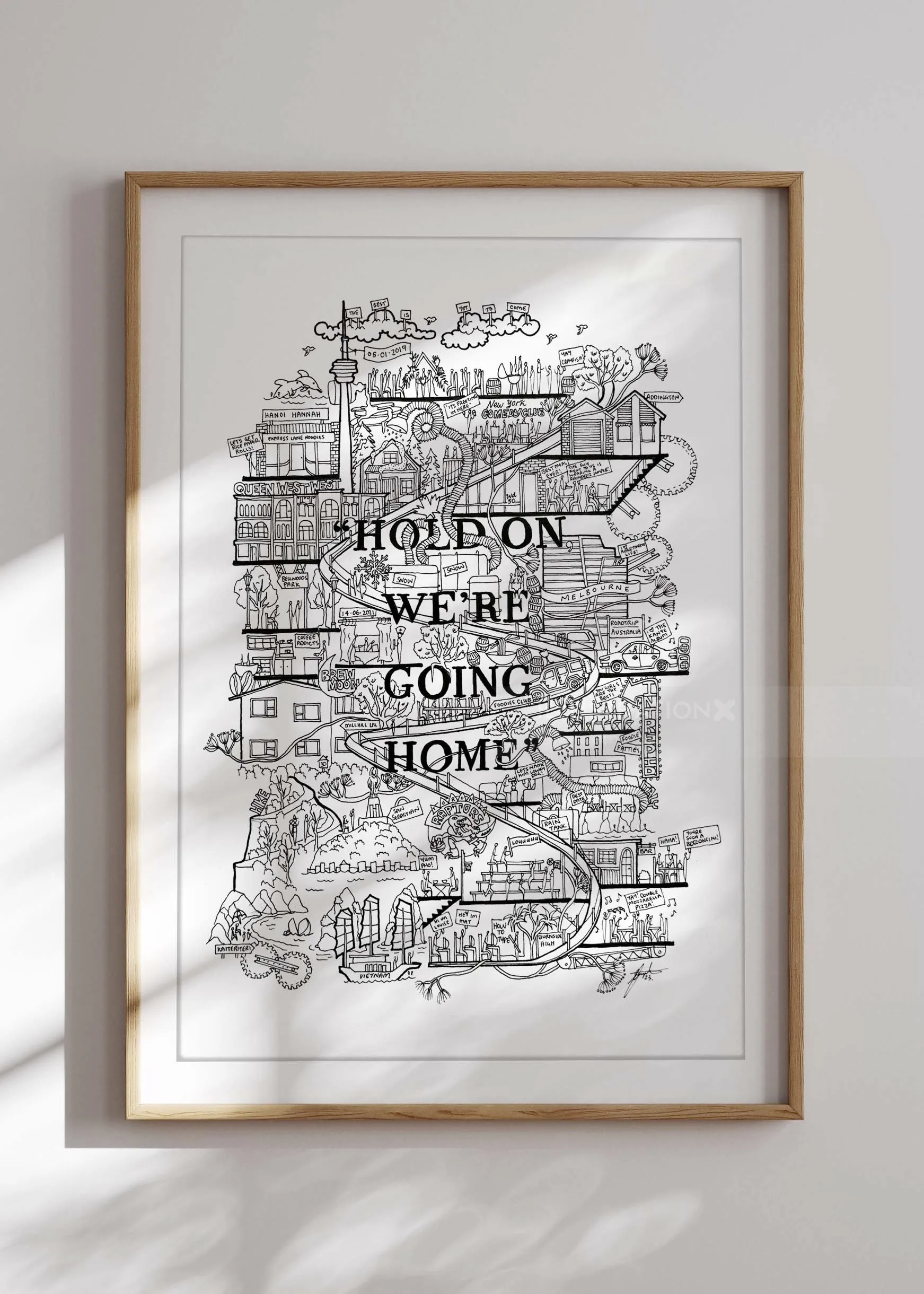 Gerahmte schwarz-weiße Stadtkarte mit dem Text „Haltet durch, wir gehen nach Hause“.