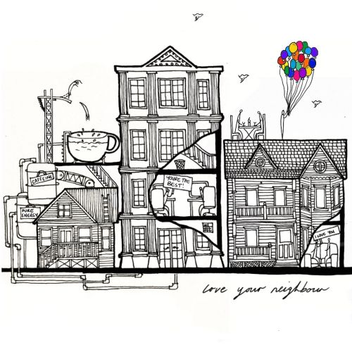 Sketch of connected houses with a bunch of colorful balloons floating above.