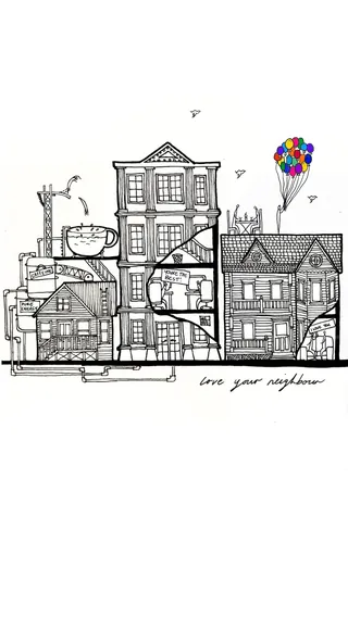 Sketch of connected houses with a bunch of colorful balloons floating above.