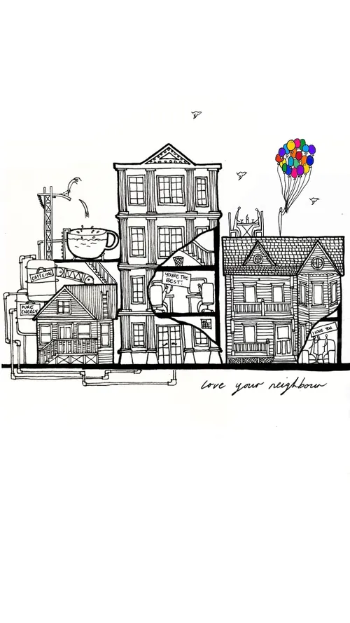 Sketch of connected houses with a bunch of colorful balloons floating above.