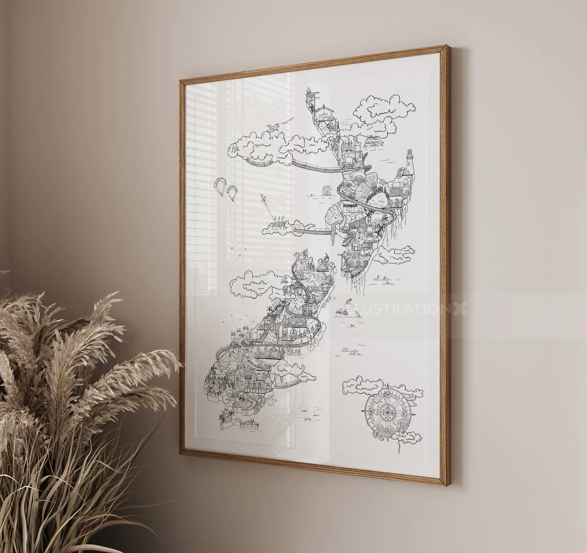 Carte dessinée à la main en noir et blanc encadrée sur un mur beige