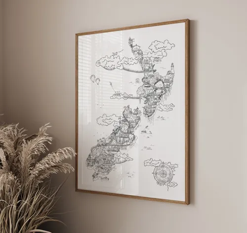 Framed black and white hand-drawn map on beige wall