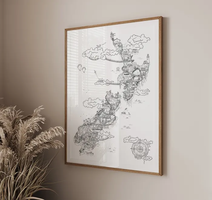Framed black and white hand-drawn map on beige wall