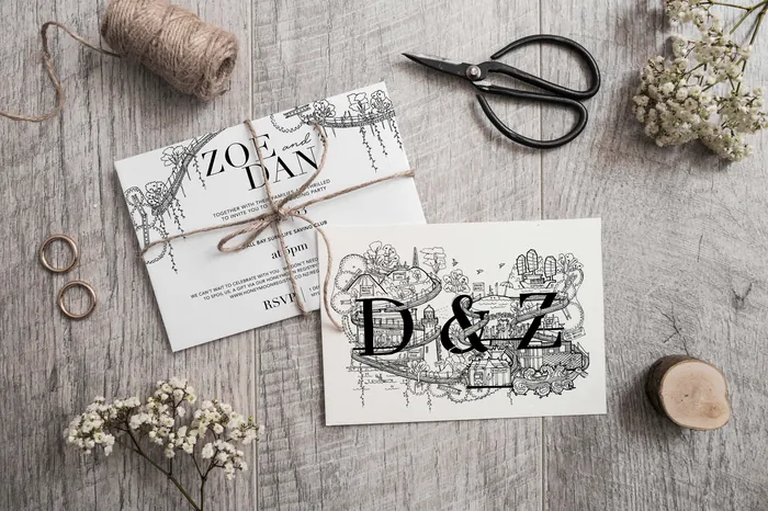 Wedding invitations with floral designs tied with string on wooden table