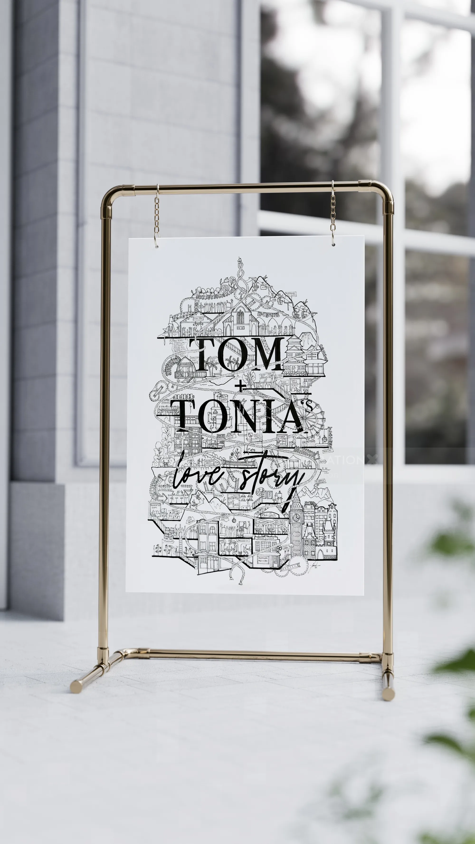 Black and white line art with text on hanging stand in modern interior