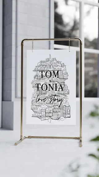 Black and white line art with text on hanging stand in modern interior