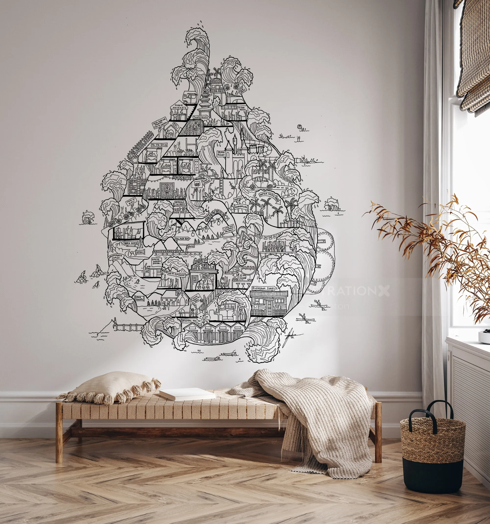 Mural detalhado de paisagem urbana e natureza em preto e branco em parede branca