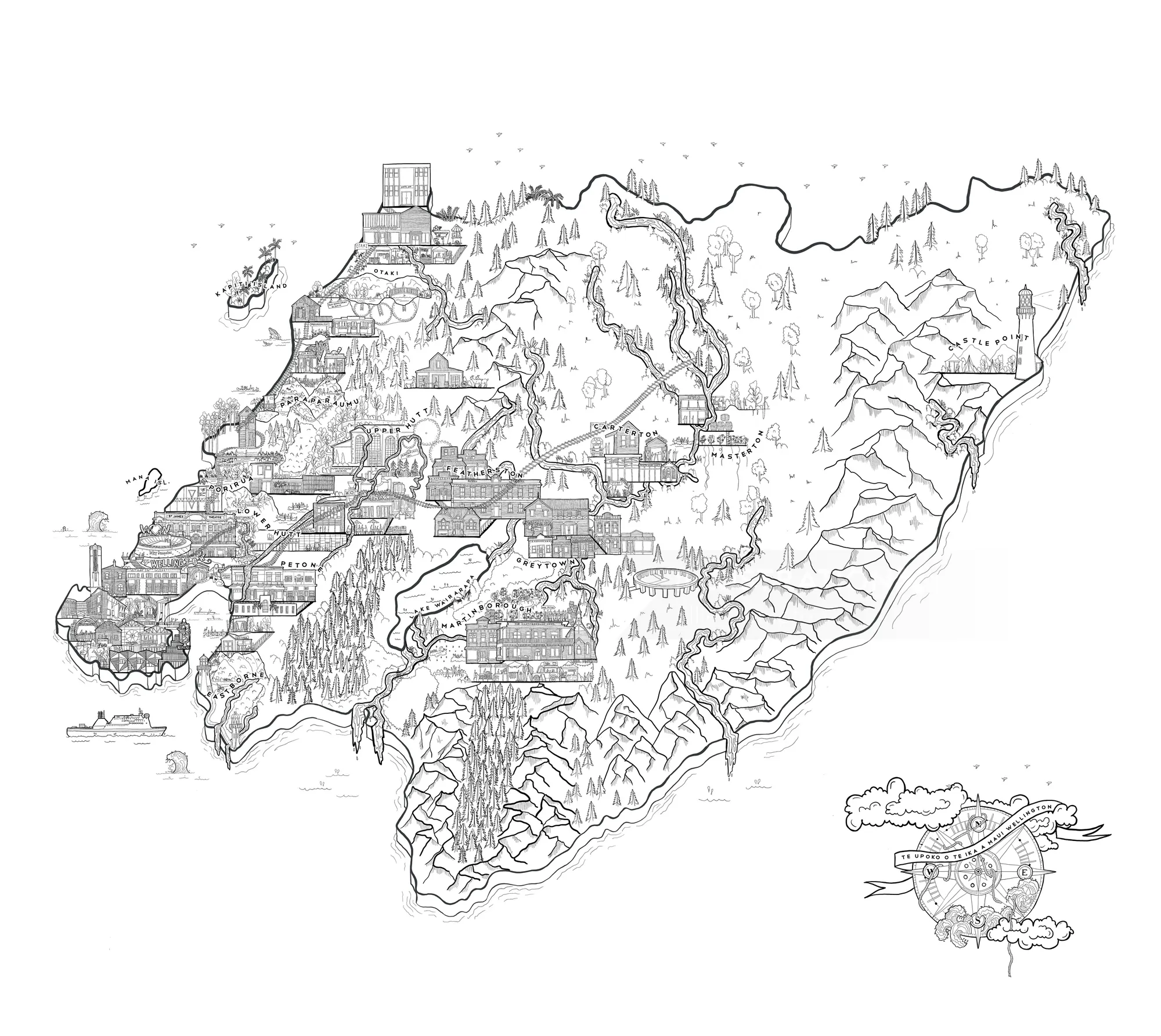 Mapa de fantasía en blanco y negro con montañas, ríos y edificios.