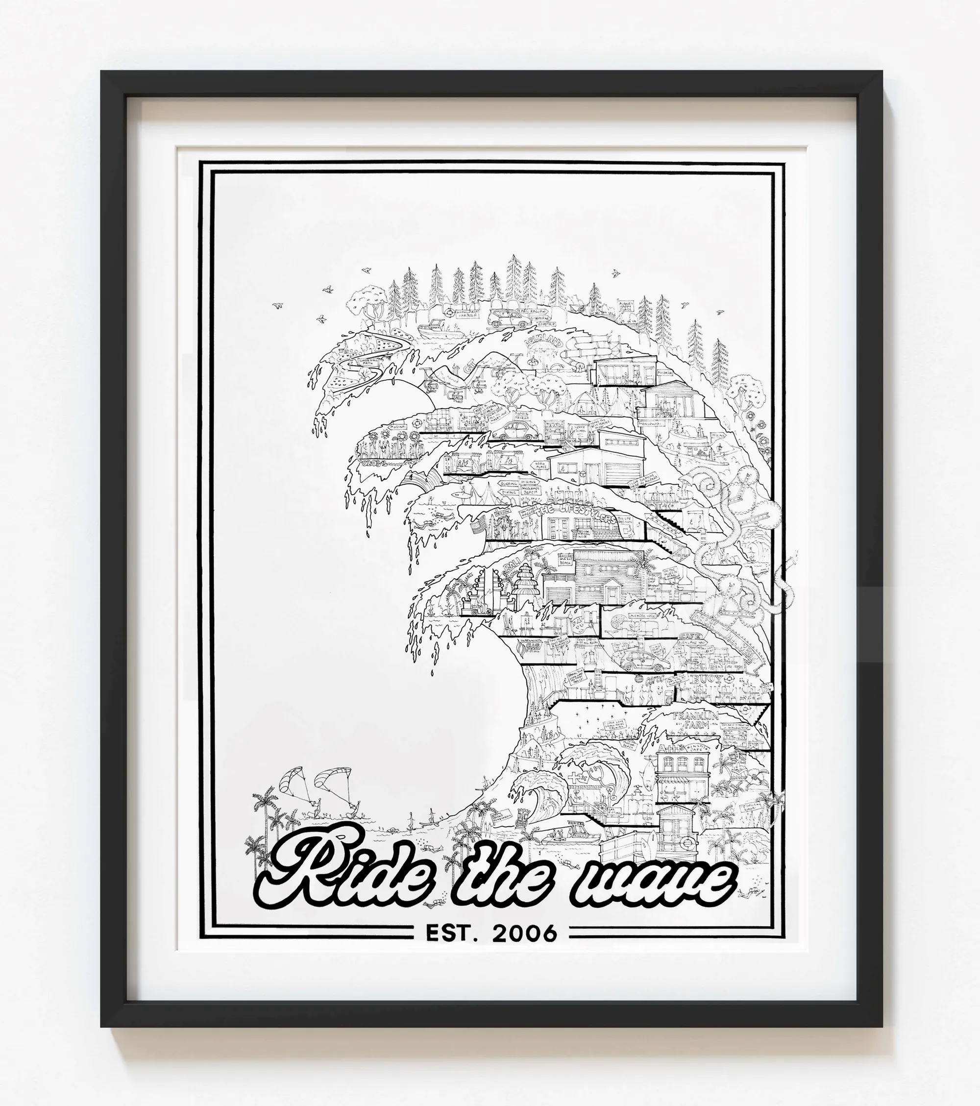 Arte en blanco y negro enmarcado que muestra una ola detallada con elementos de la ciudad.