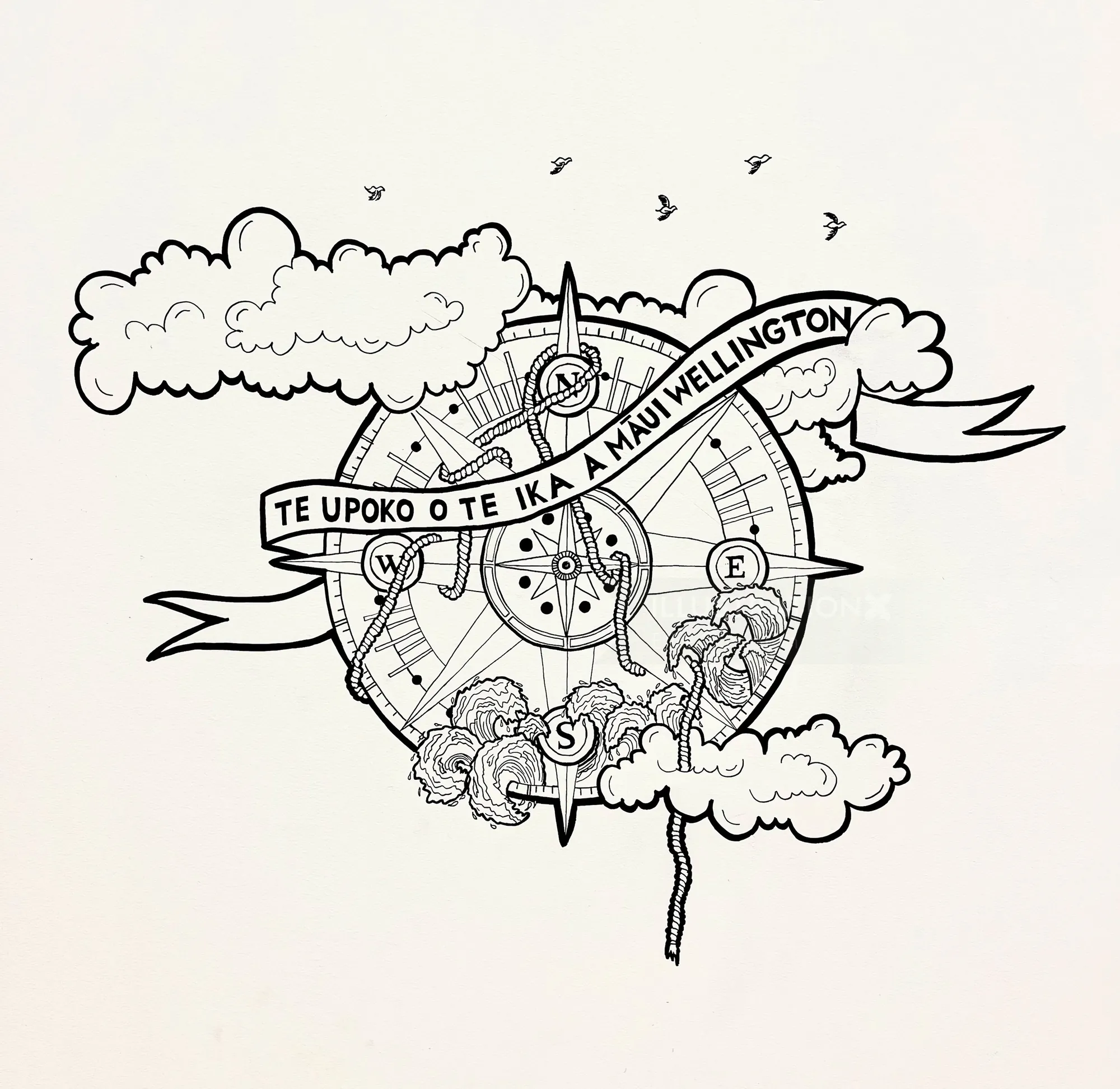 Ilustración de brújula maorí con nubes, pájaros y símbolos direccionales.