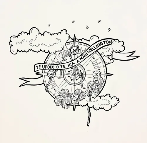 Maori compass illustration with clouds, birds, and directional symbols