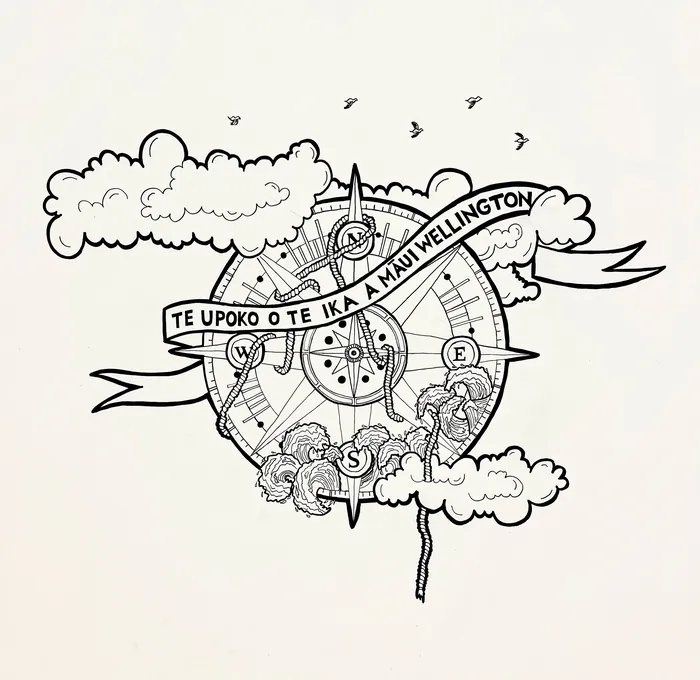 Maori compass illustration with clouds, birds, and directional symbols