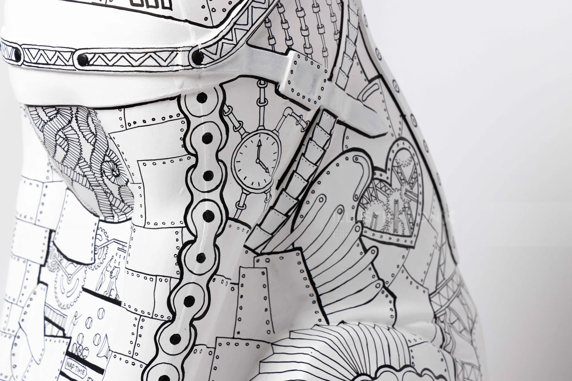 black and white steampunk mechanical pattern close-up on fabric