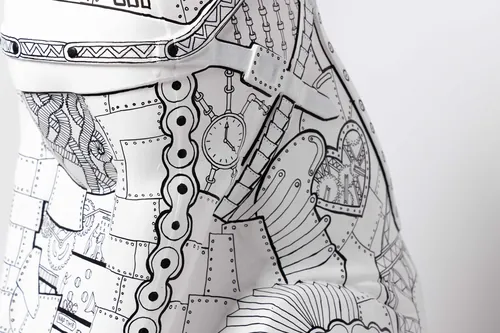 black and white steampunk mechanical pattern close-up on fabric