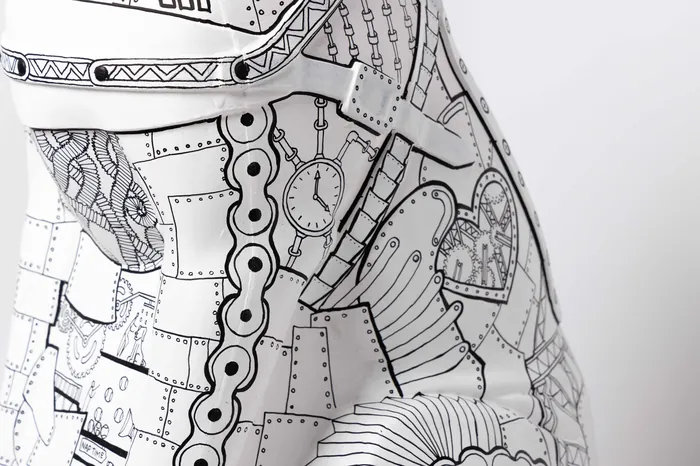 black and white steampunk mechanical pattern close-up on fabric