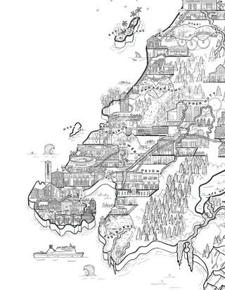 Intricate hand-drawn map with buildings, trees, and natural elements