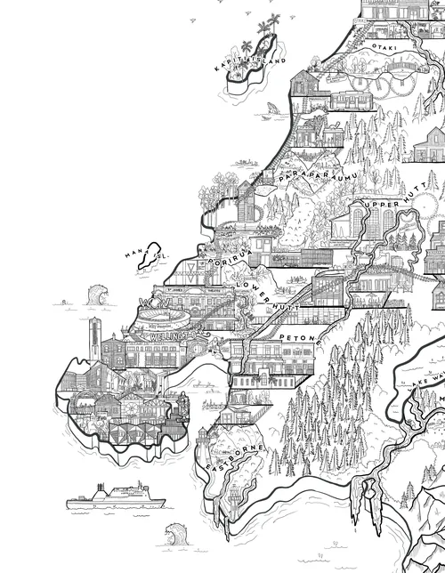 Intricate hand-drawn map with buildings, trees, and natural elements