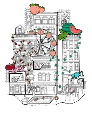 Whimsical cityscape with peaches, watermelon, and flower decorations