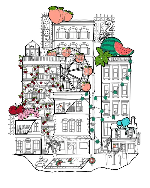 Whimsical cityscape with peaches, watermelon, and flower decorations
