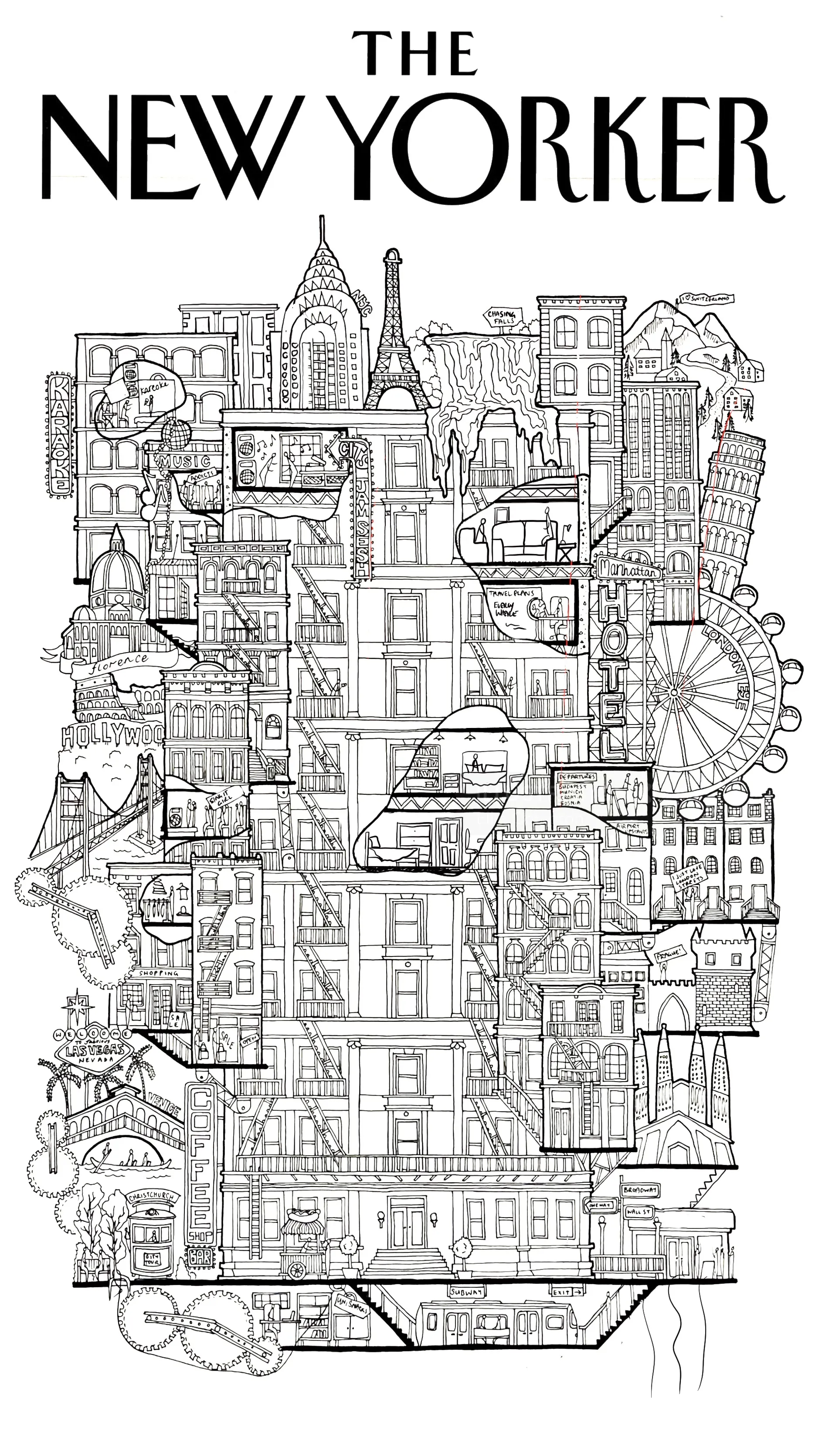 Detailed black and white illustration of New York City skyline and landmarks.