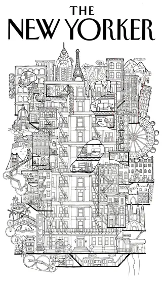 Detailed black and white illustration of New York City skyline and landmarks.