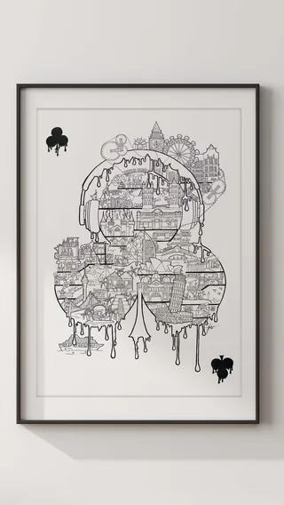 Black and white abstract cityscape drawing in spade shape