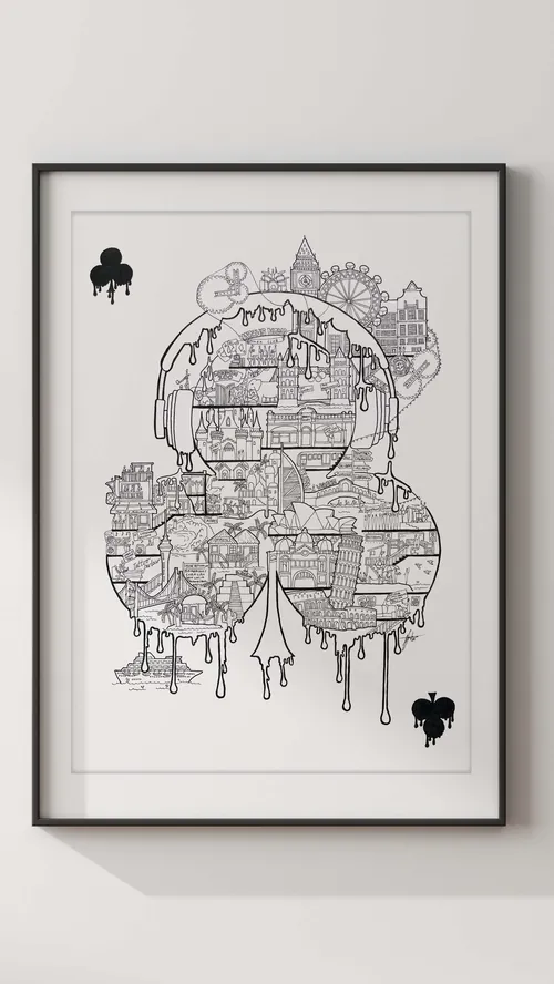 Black and white abstract cityscape drawing in spade shape
