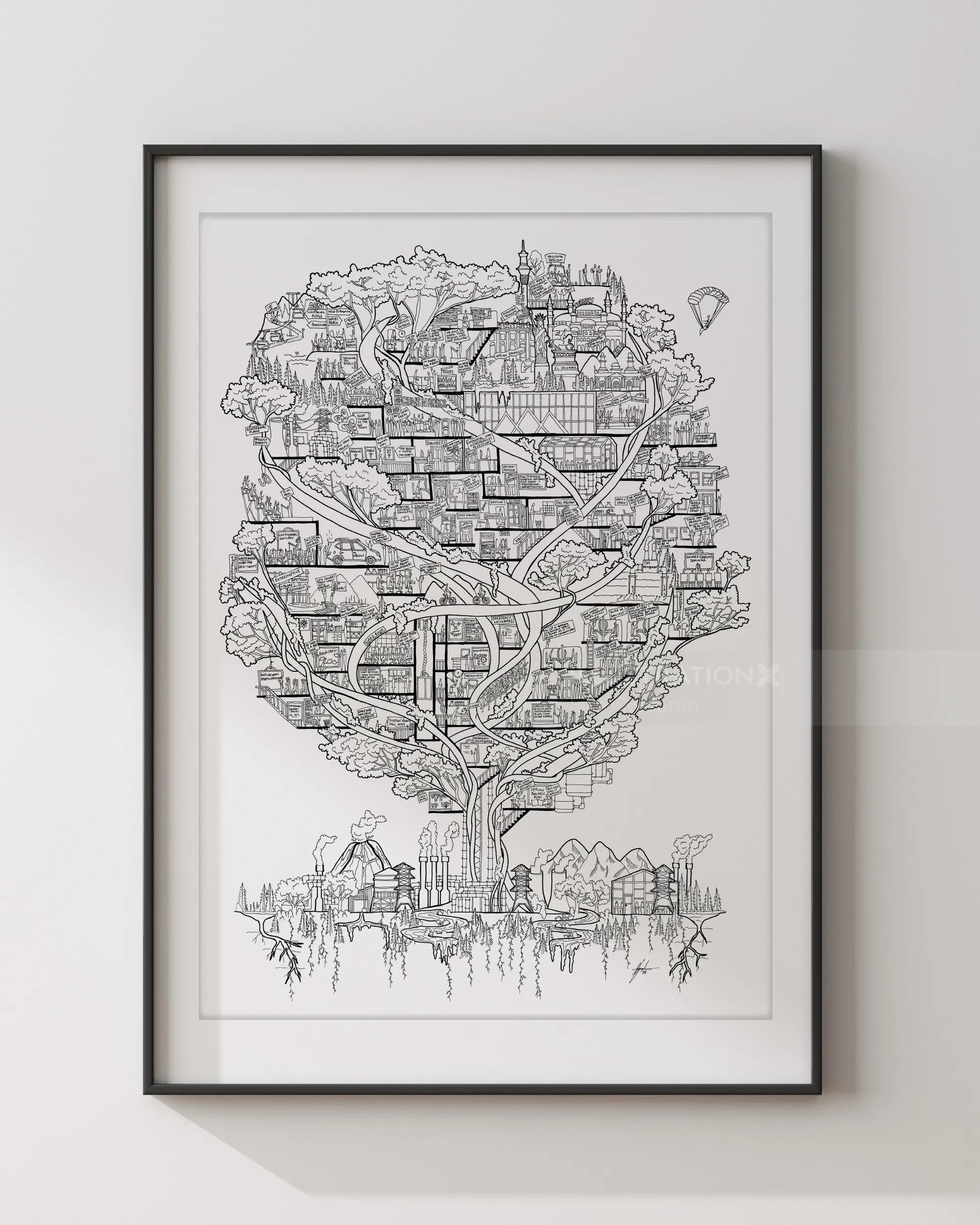 Black and white drawing of a city shaped like a tree with roads and buildings