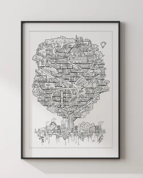 Black and white drawing of a city shaped like a tree with roads and buildings