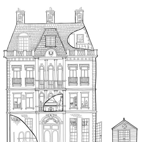 Victorian mansion and greenhouse illustrated by Ellie Compton