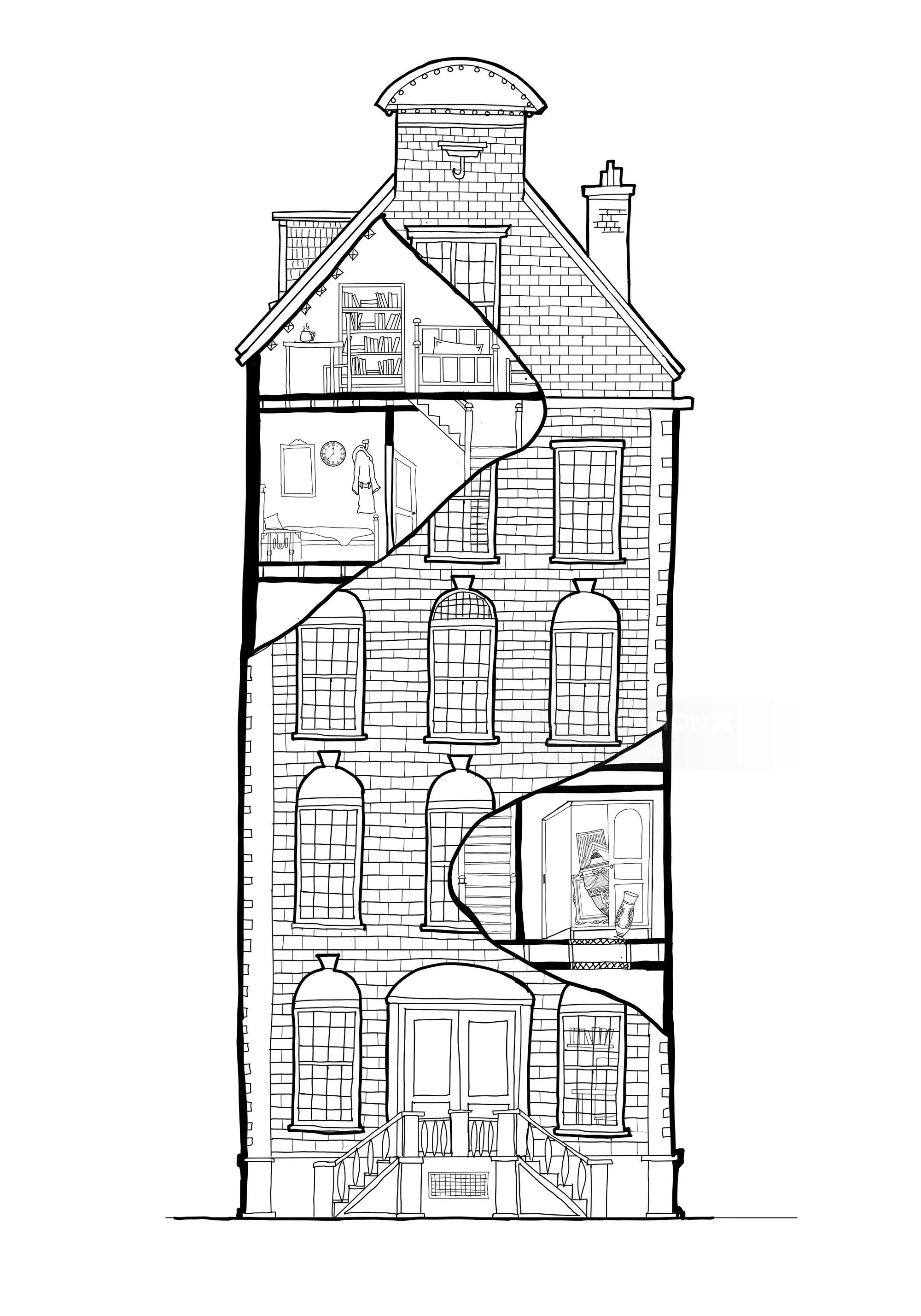 Illustration d'une maison en coupe par Ellie Compton