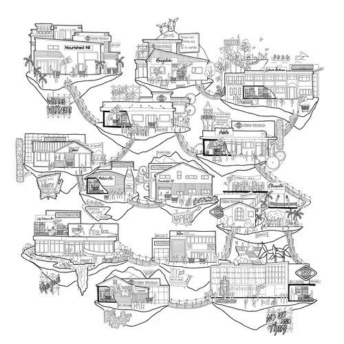 Collage architectural de sites néo-zélandais illustré par Ellie Compton