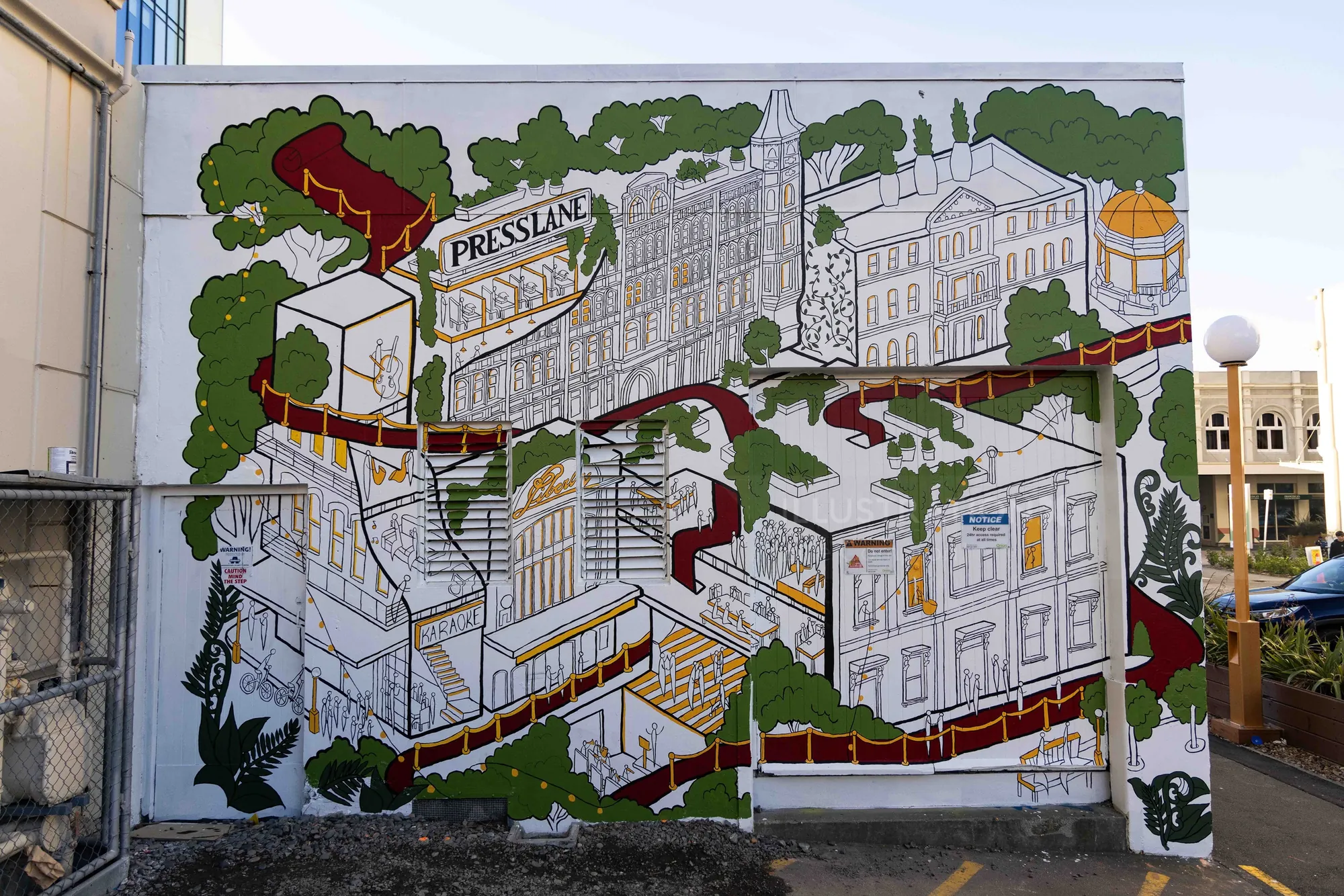 Fresque d'histoire architecturale réalisée par Ellie Compton représentant des bâtiments de Christchurch et un tapis rouge