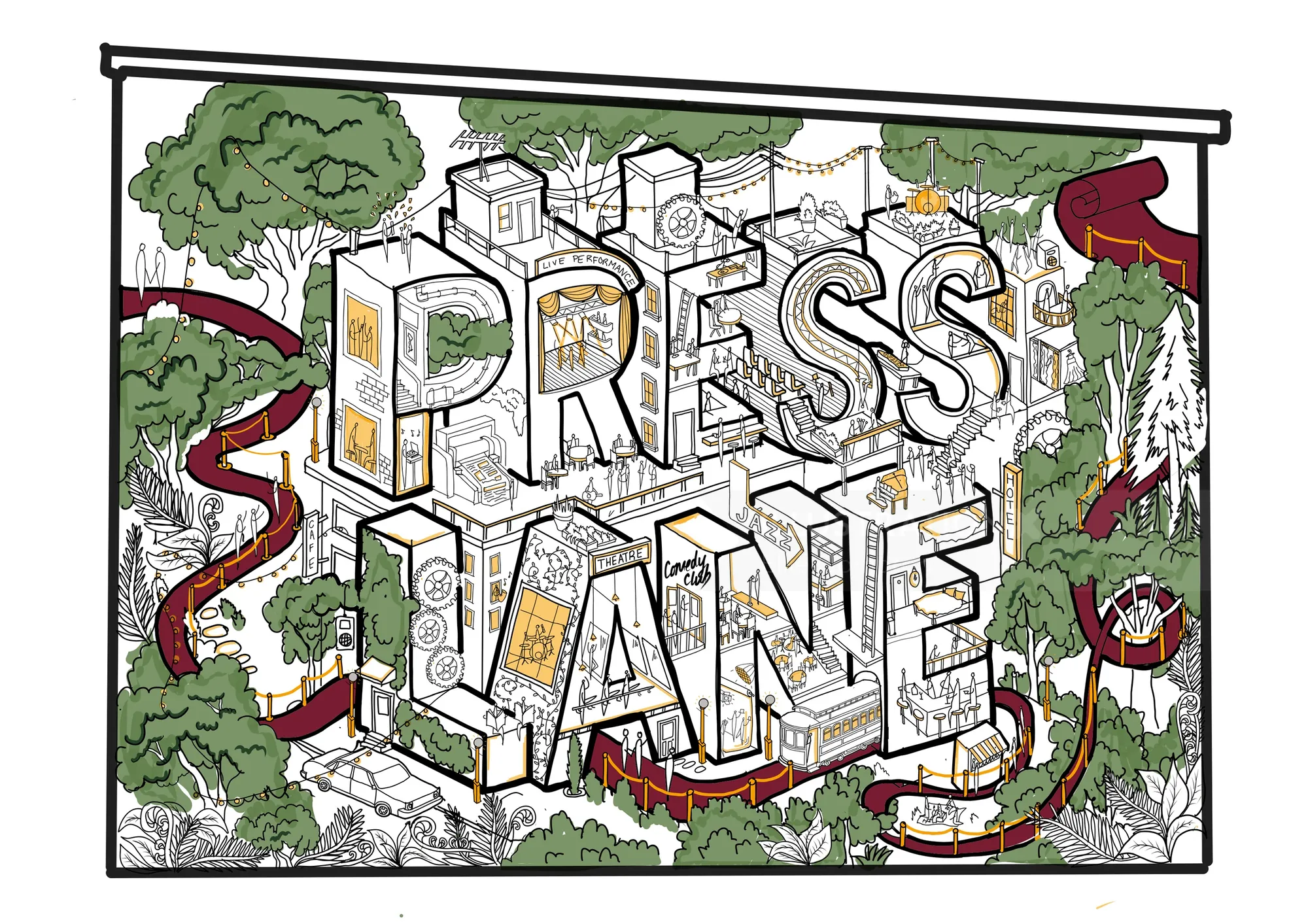 Panneau illustré de Press Lane avec des arbres et des scènes de ville (TERM346)