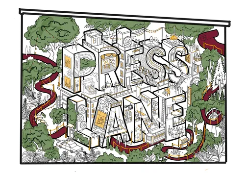 Panneau illustré de Press Lane avec des arbres et des scènes de ville (TERM346)