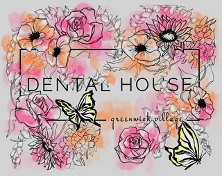 Floral illustration with butterflies and text 'DENTAL HOUSE greenwich village' by Elly Azizian