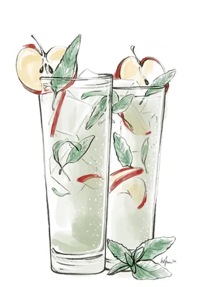 Illustration of fruit-infused water with mint leaves by Elly Azizian