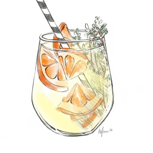 Illustration of a citrus cocktail with orange slices and herbs by Elly Azizian