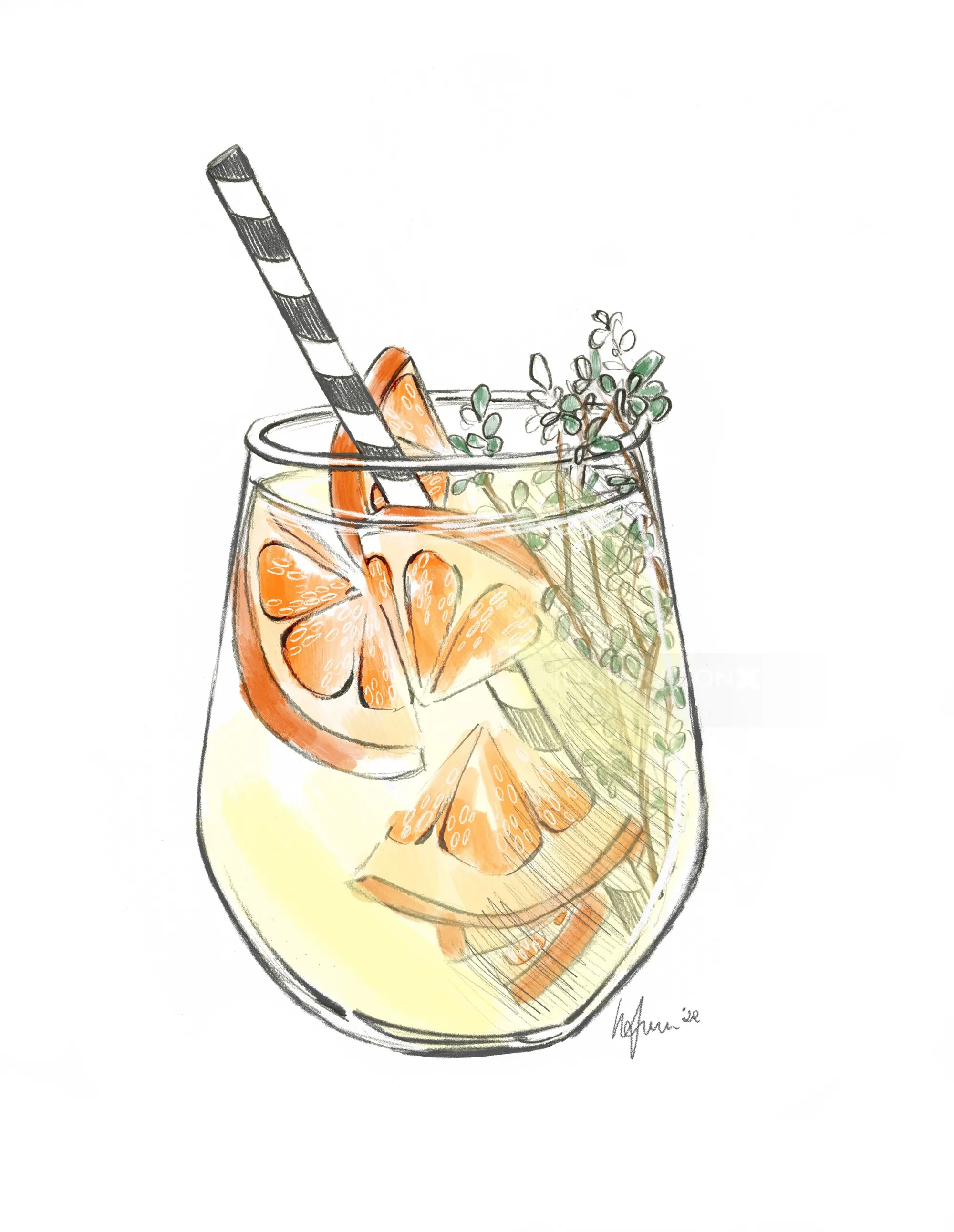 Illustration d'un cocktail aux agrumes avec des tranches d'orange et des herbes par Elly Azizian