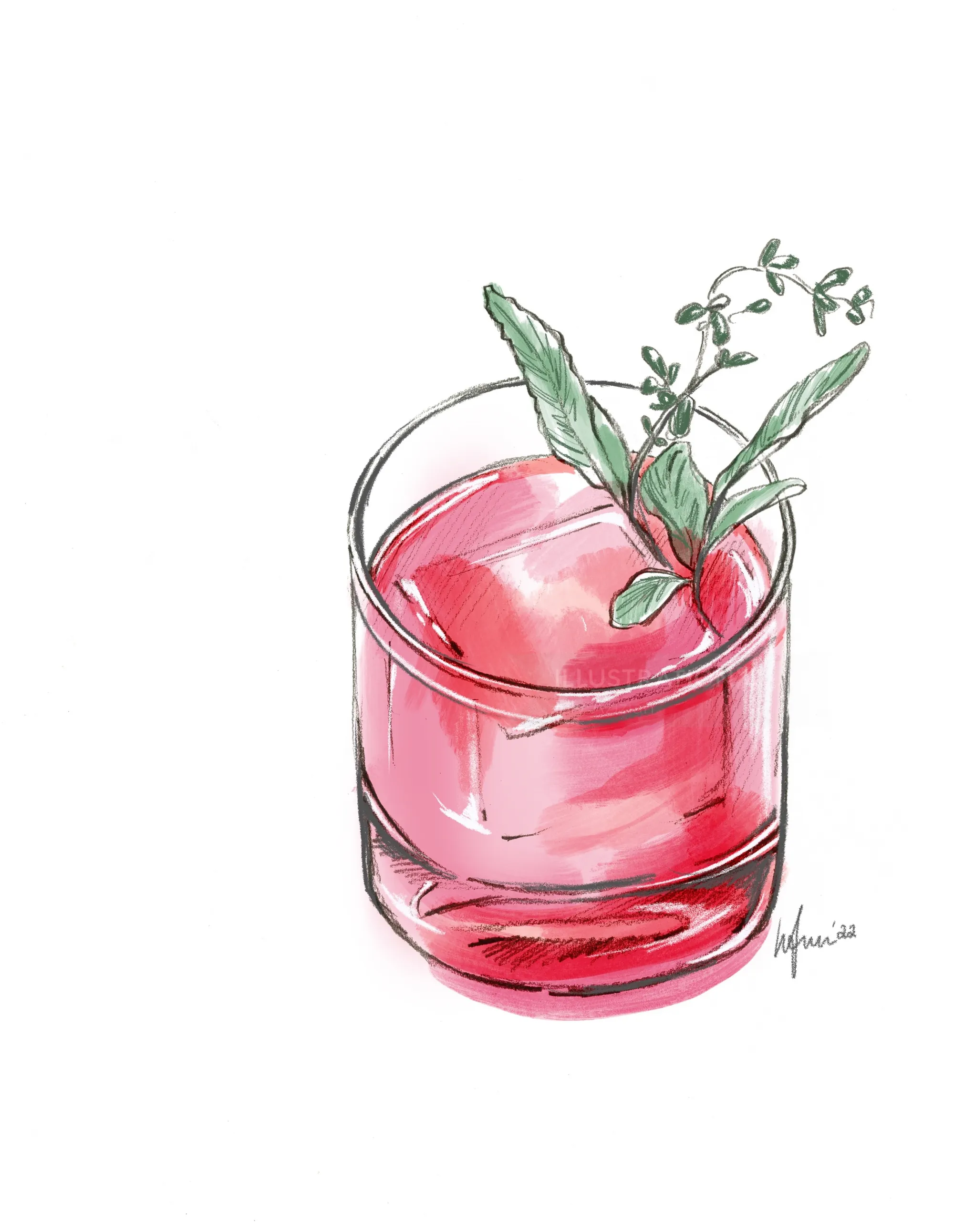 Glass with pink herbal drink and green garnish by Elly Azizian