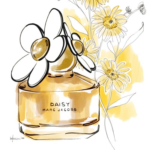 Illustration of Daisy Marc Jacobs perfume bottle with flowers by Elly Azizian