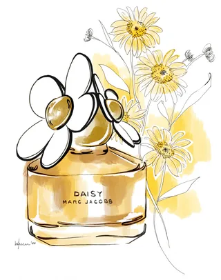 Illustration of Daisy Marc Jacobs perfume bottle with flowers by Elly Azizian