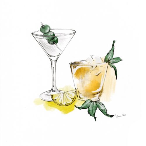Cocktail glass with olives and whiskey glass with ice and lemon slice by Elly Azizian