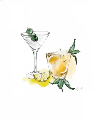 Cocktail glass with olives and whiskey glass with ice and lemon slice by Elly Azizian