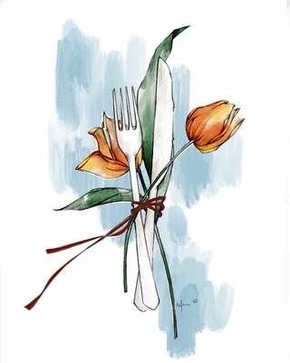 Watercolor fork and knife tied with ribbon and orange tulips by Elly Azizian