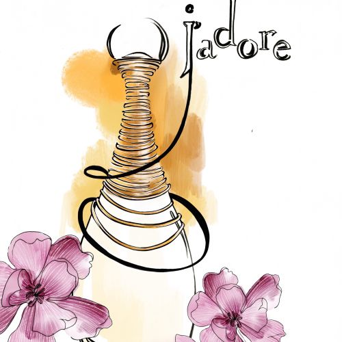 J'adore perfume bottle with pink flowers watercolor illustration by Elly Azizian