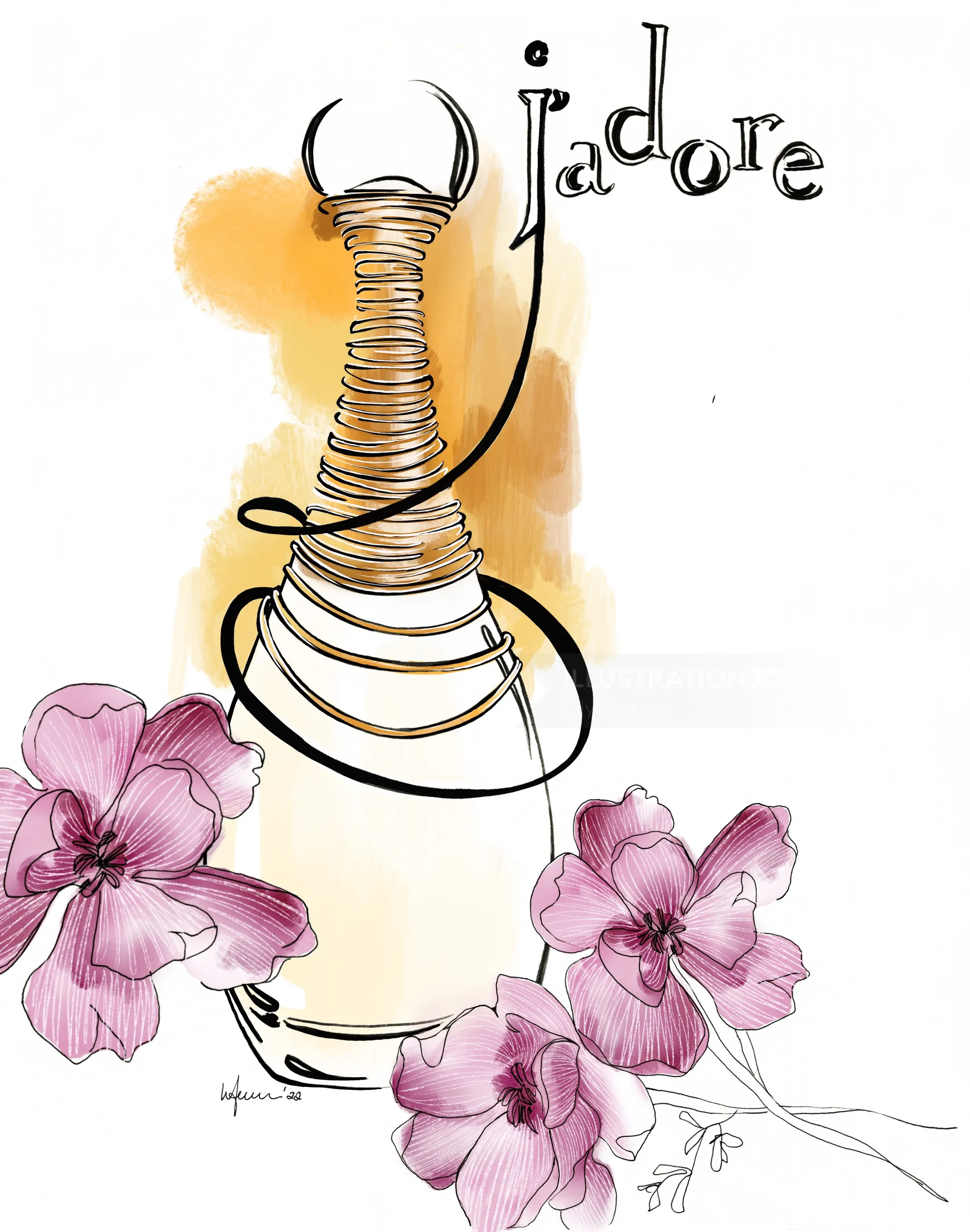 Frasco de perfume J'adore con flores rosas, ilustración en acuarela de Elly Azizian