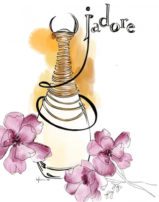 J'adore perfume bottle with pink flowers watercolor illustration by Elly Azizian