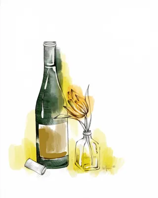 Watercolor illustration of a wine bottle, cork, and flower vase by Elly Azizian