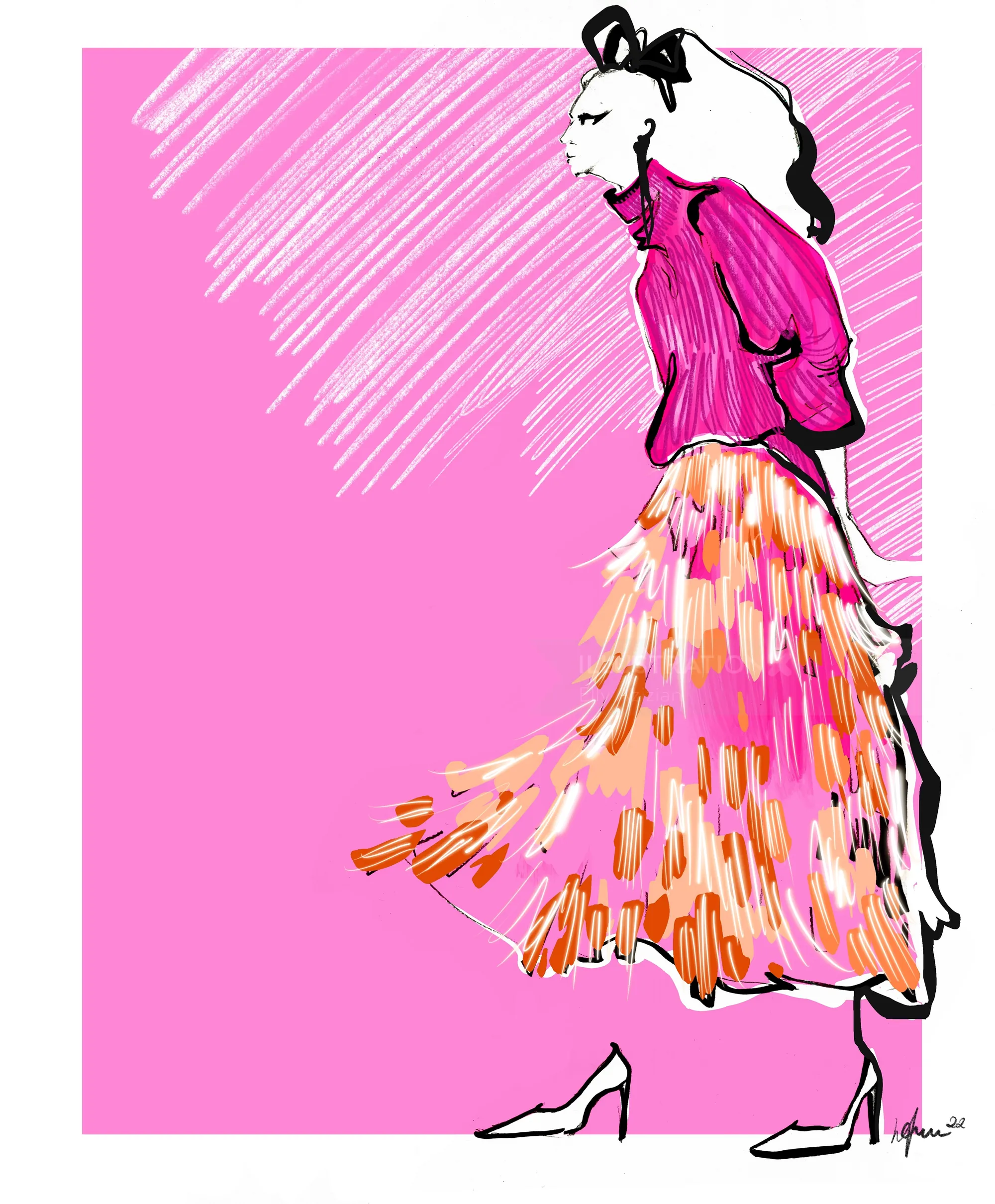ピンクの衣装を着た女性のファッションイラスト（作者：Elly Azizian）